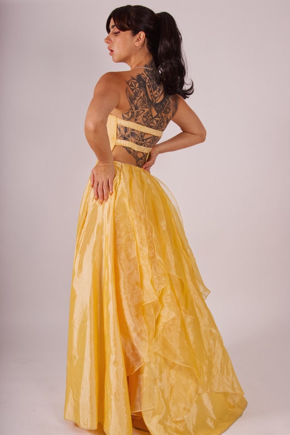 Vintage Y2K 'Jessica McClintock' Yellow Iridescent Backless Rhinestone Formal Dress