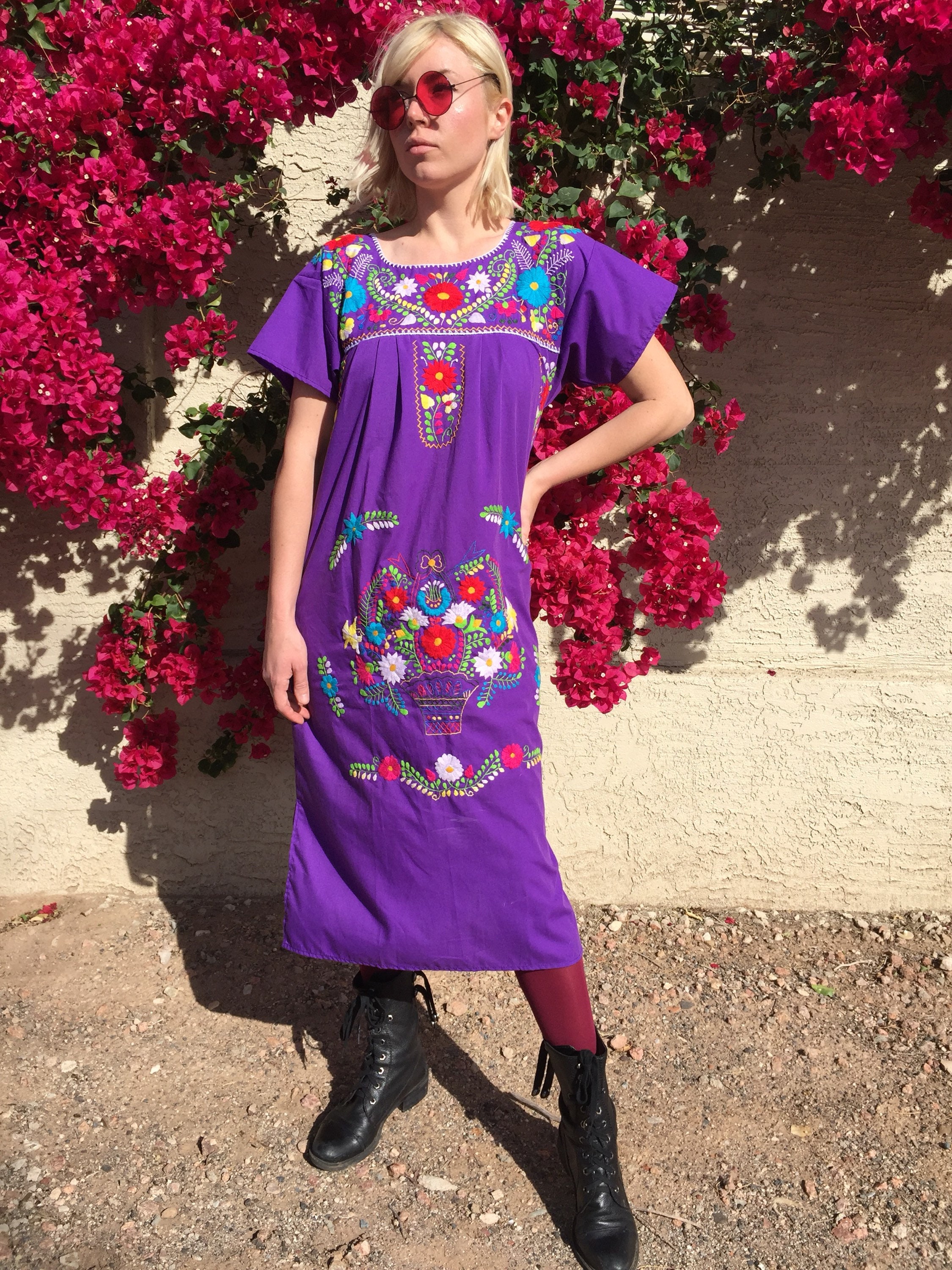 Vintage Purple Embroidered Mexican Dress Festival Boho Colorful