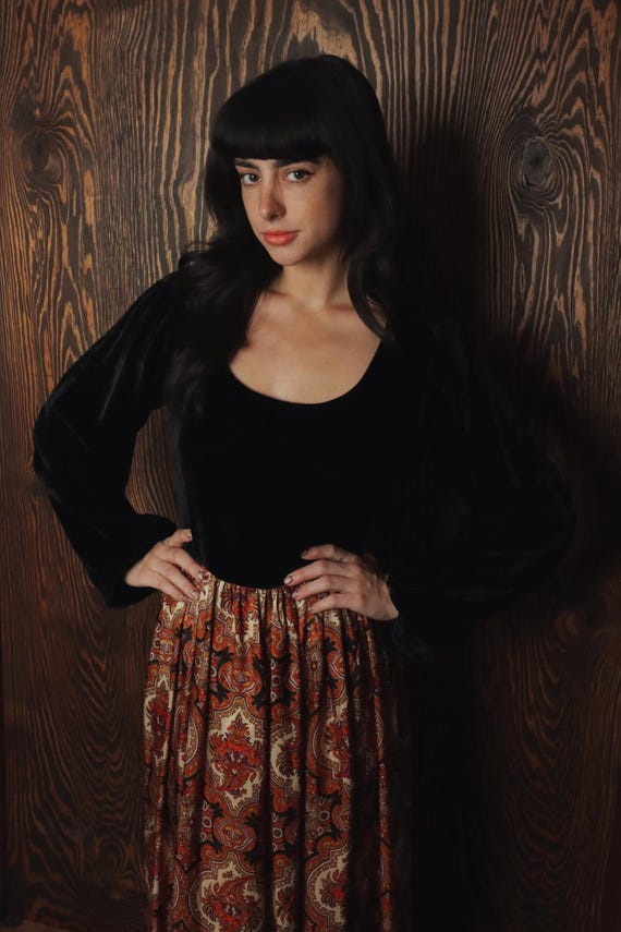 Vintage Stunning 60's Black Velvet Bohemian Tapestry Long Dress