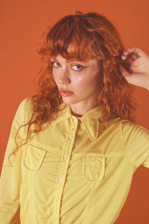 Vintage 70's Pale Sheer Yellow Sexy Button Up W/ Wing Tipped Collar and Horseshoe Pockets