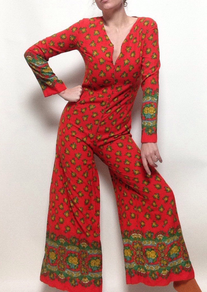 Vintage 1960's Christmas Jumpsuit Onesie Red Green Bell Bottom