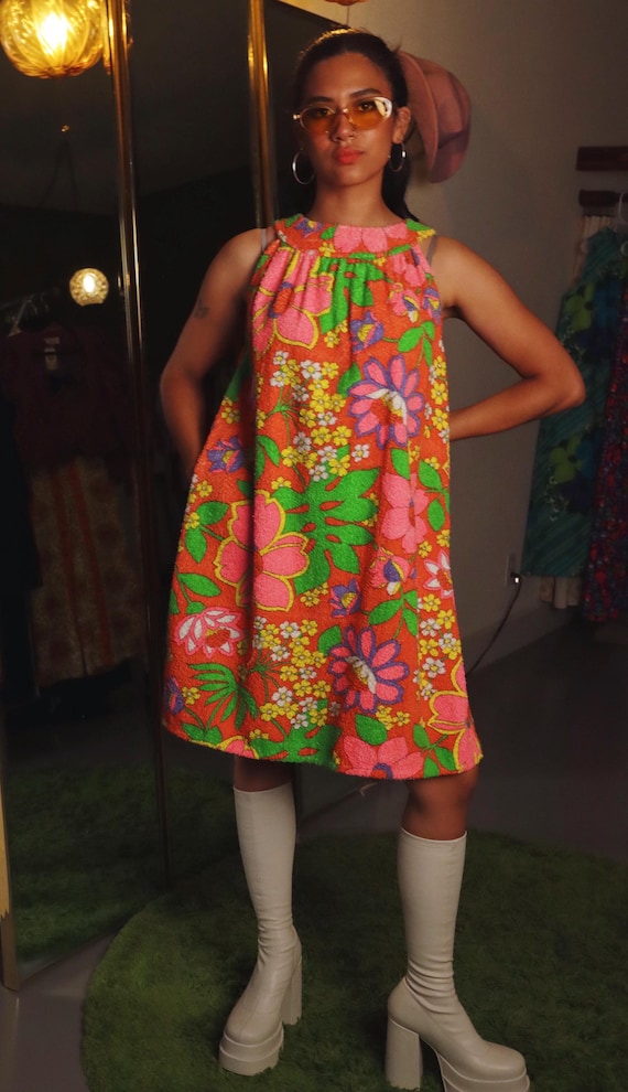 Vintage 60's Vibrant Floral Terrycloth Dress or Pool Coverup