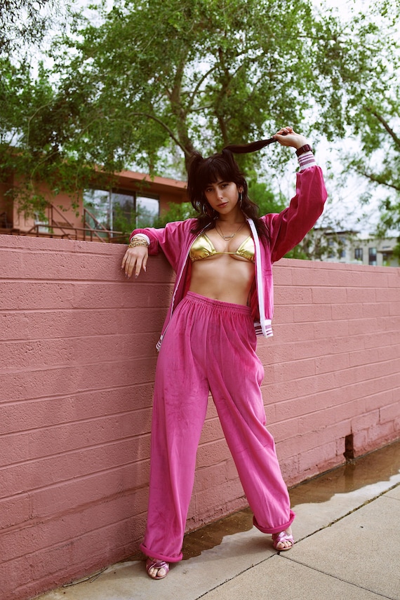 Vintage 1970's Purple or Pink Soft Velour Matching Disco Striped Glitter Tracksuit