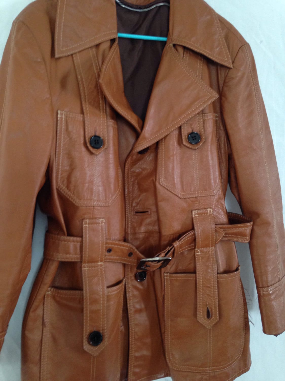 Vintage Men's Genuine Leather Coat Argentina Trench 1970's