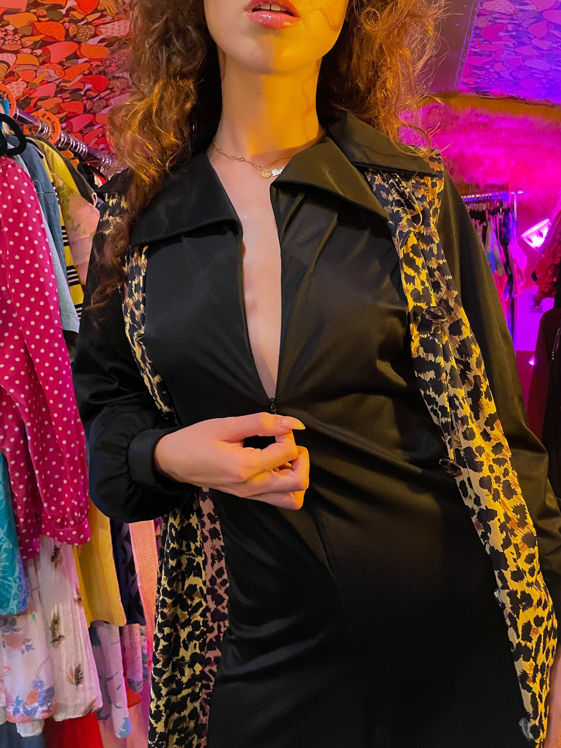 Vintage 1970's 'Le Boys' Disco Black Jumpsuit W/ Cheetah Duster Jacket