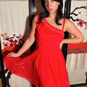 Vintage 60&#39;s Red &#39;Pandora&#39; Red Sheer Dress and Sheer Robe Set