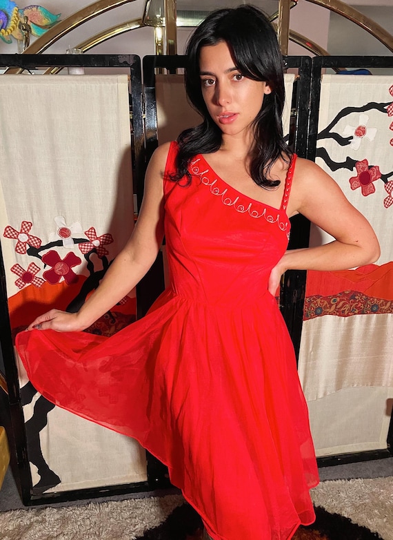 Vintage 60's Red 'Pandora' Red Sheer Dress and Sheer Robe Set