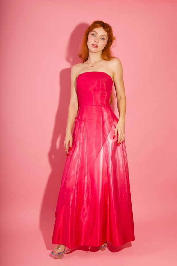 Vintage 90's - Y2K Silky Pink Ombre Dress W/ Sheer Mesh and Glitter Layover