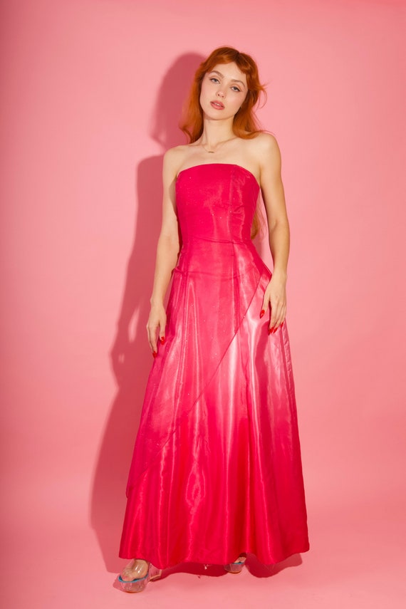 Vintage 90's - Y2K Silky Pink Ombre Dress W/ Sheer Mesh and Glitter Layover