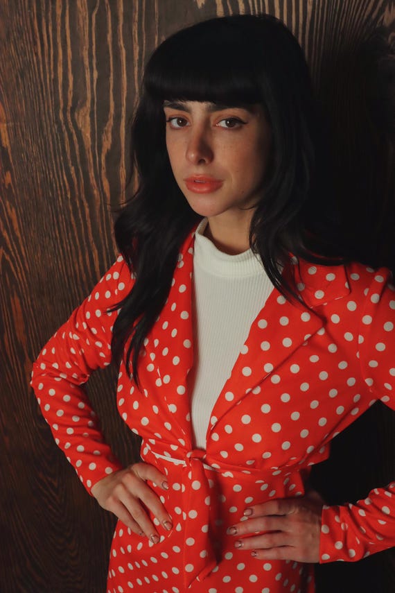 Vintage 70's Long Red Polk a Dot Dress W/ Matching Tie Blouse Jacket