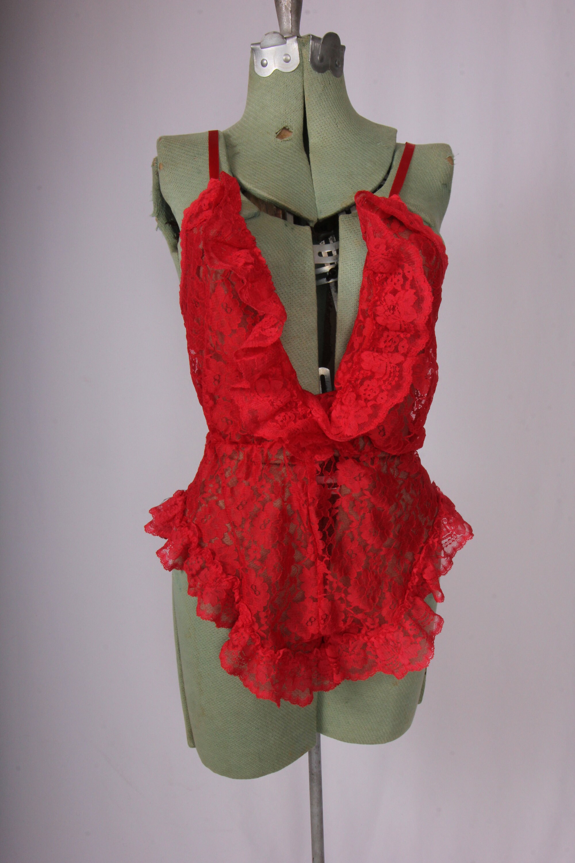Vintage Red Lace Bodysuit One Piece Fully Sheer Sexy Romper