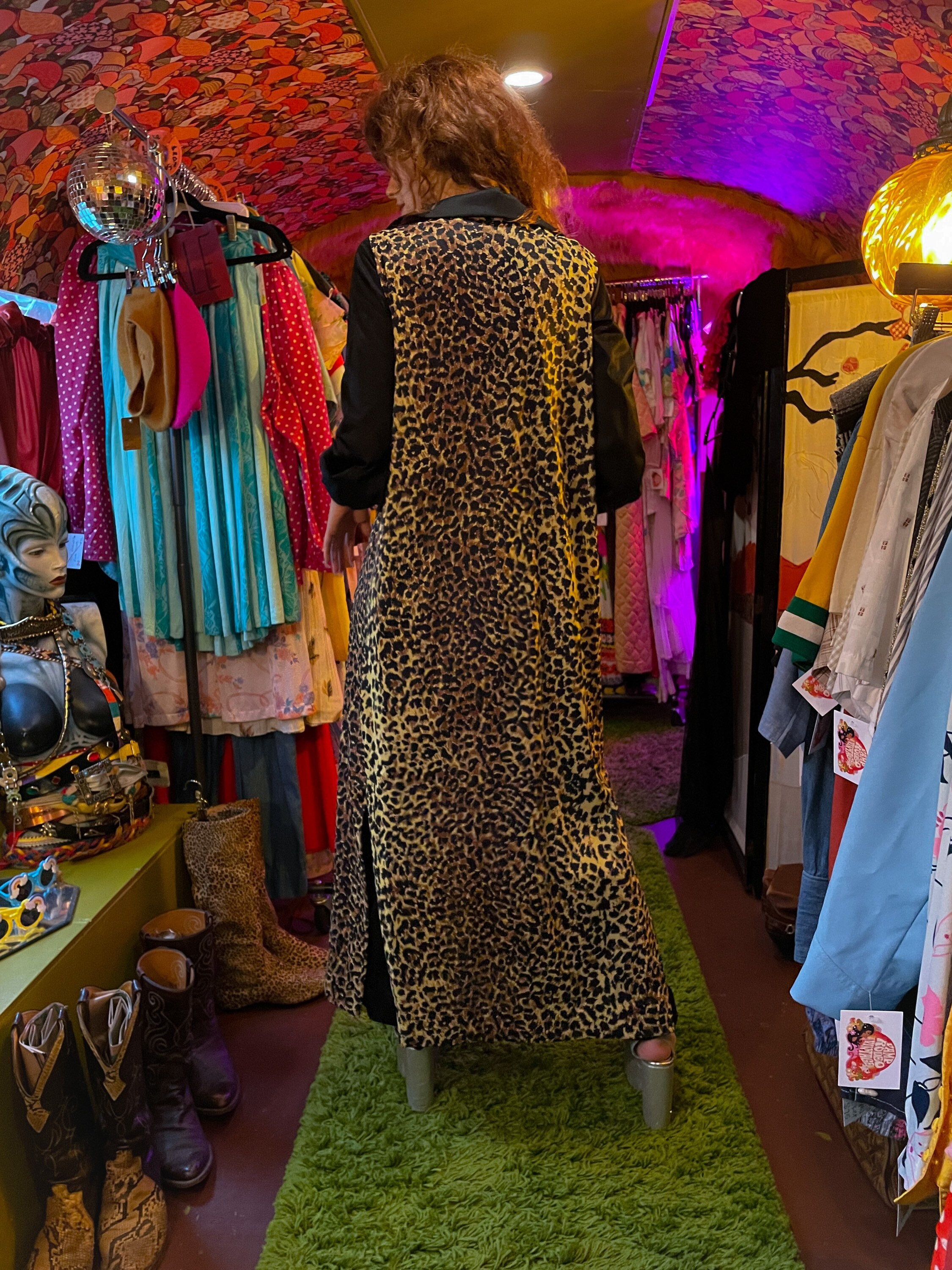 Vintage 1970's 'Le Boys' Disco Black Jumpsuit W/ Cheetah Duster Jacket