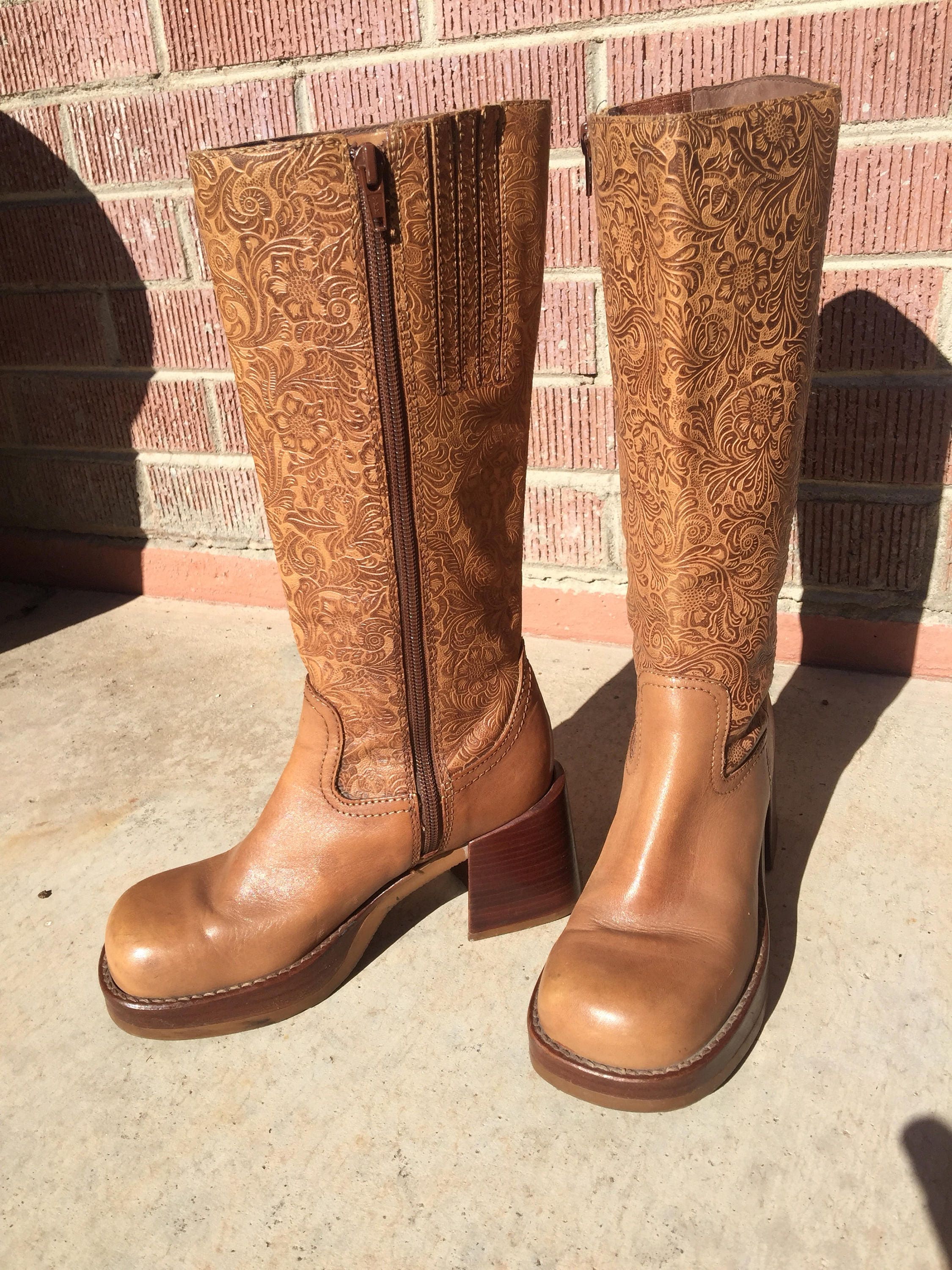 Vintage 'Bronx' Tooled Brown Leather Boots | Heel | Knee | Boho | Festival
