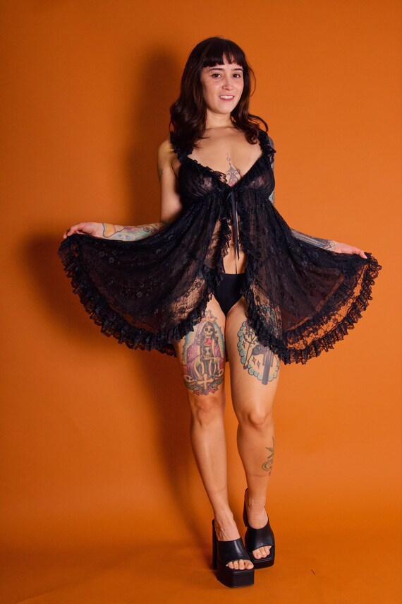 Vintage Sexy Vamp Black Lace Babydoll Lingerie Mini Dress