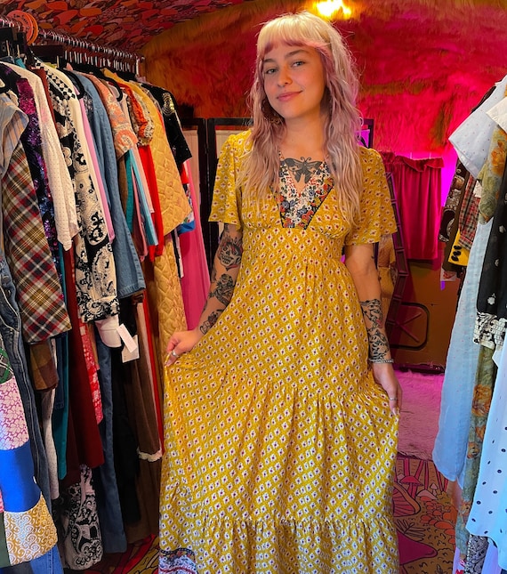 Vintage 1970's 'Terri Juniors California' Yellow Floral Boho Prairie Dress