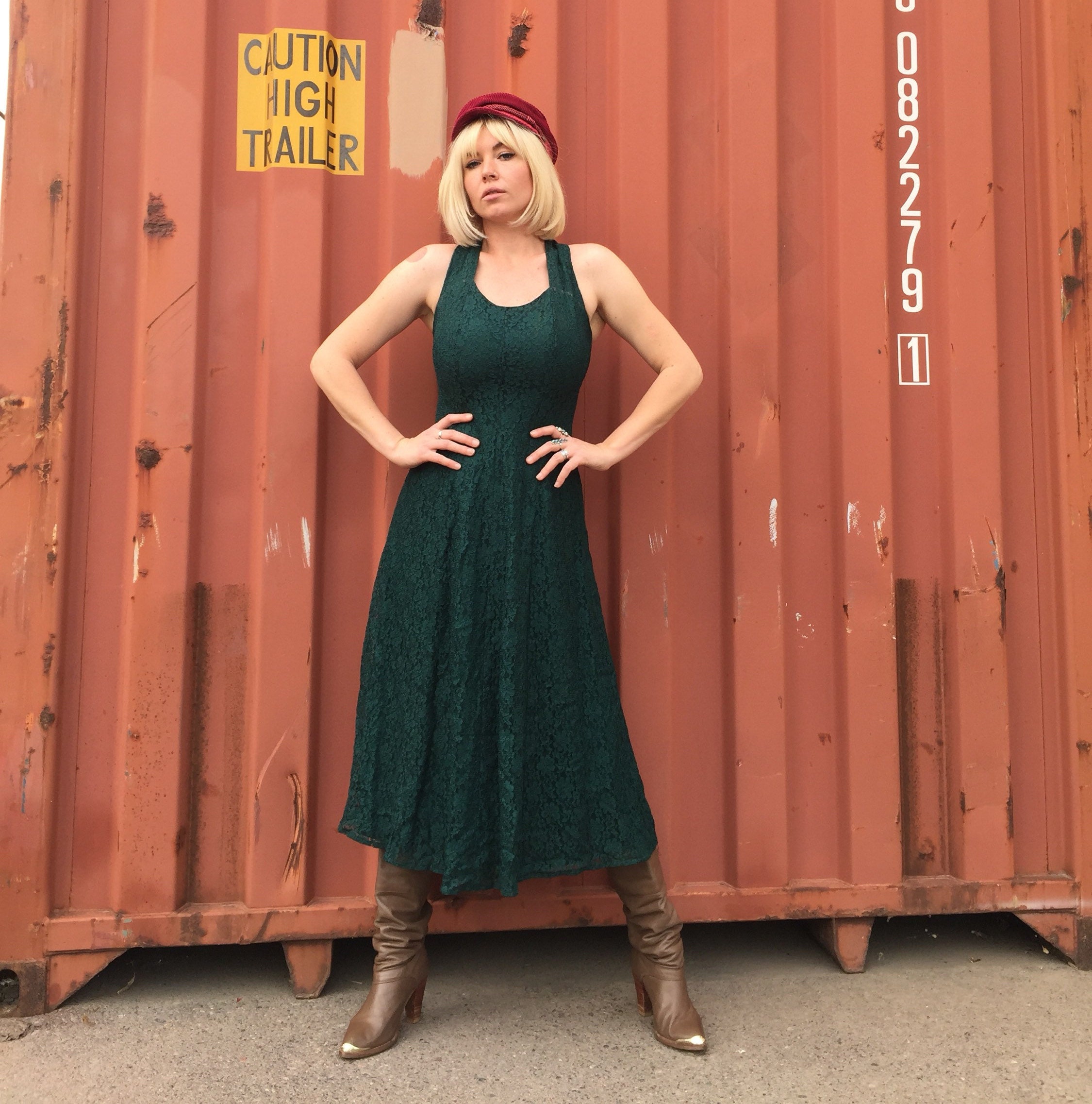 Vintage 'All That Jazz' Green Lace Backless Dress Criss Cross Straps