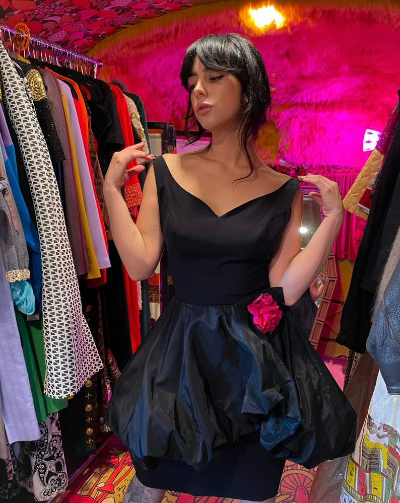 Vintage 1960's Fun and Unique Black Peplum Dress With Rose image 2