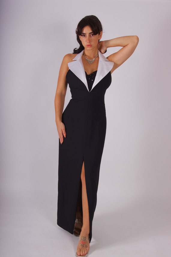 Vintage 90's 'Ever Beauty' Classic and Sexy Black Tuxedo Dress W/ Dramatic White Collar