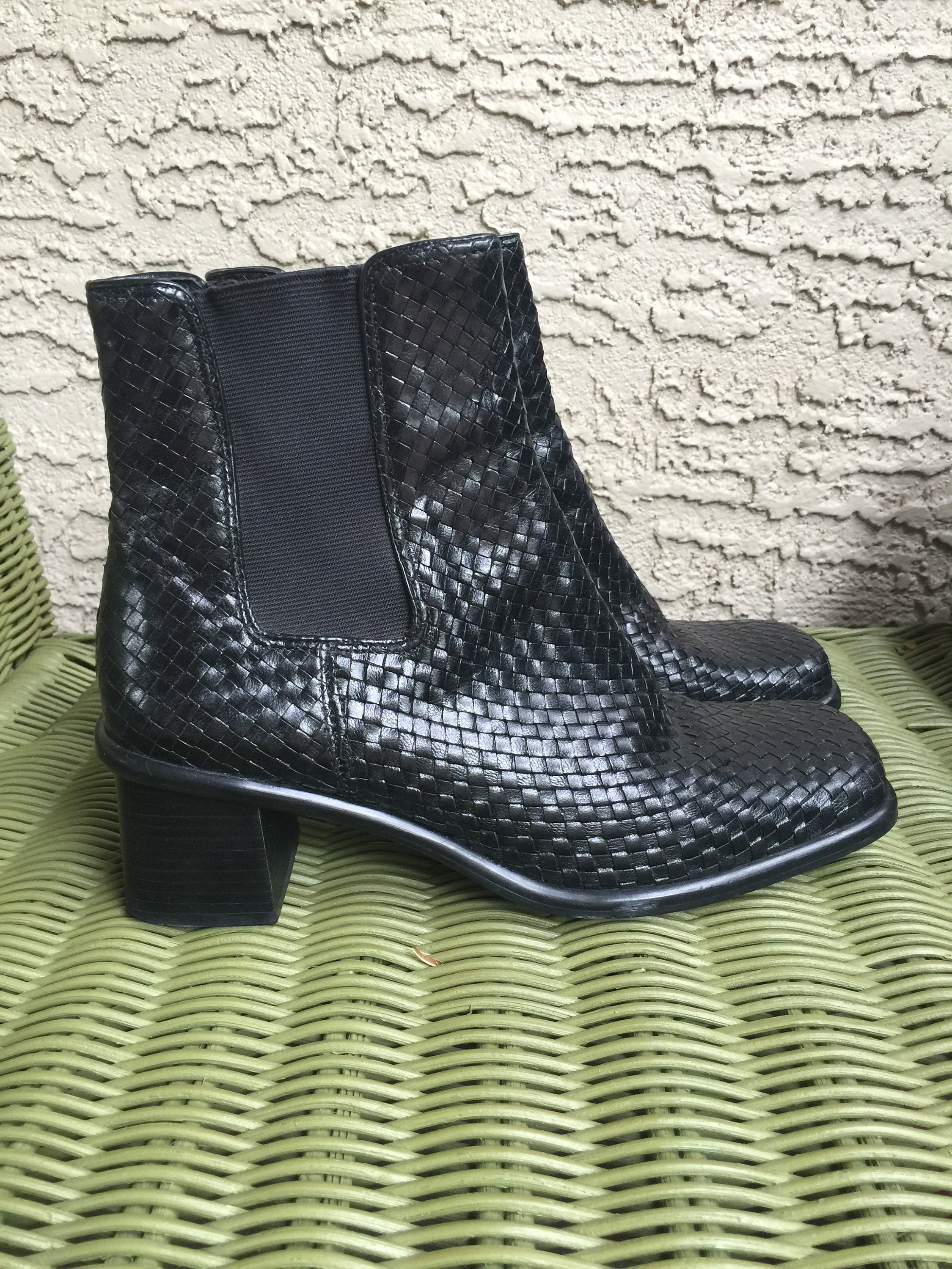 Vintage 'Solos' Black Braided Leather Boots Chunky Heel Ankle Boot