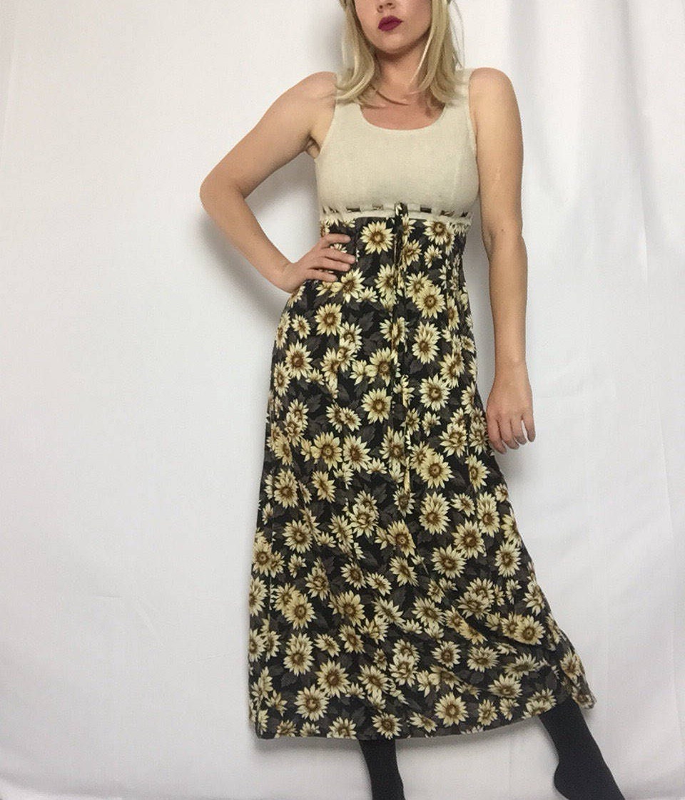 Vintage 'All That Jazz' Summer Dress Sunflowers Tan Linen Long