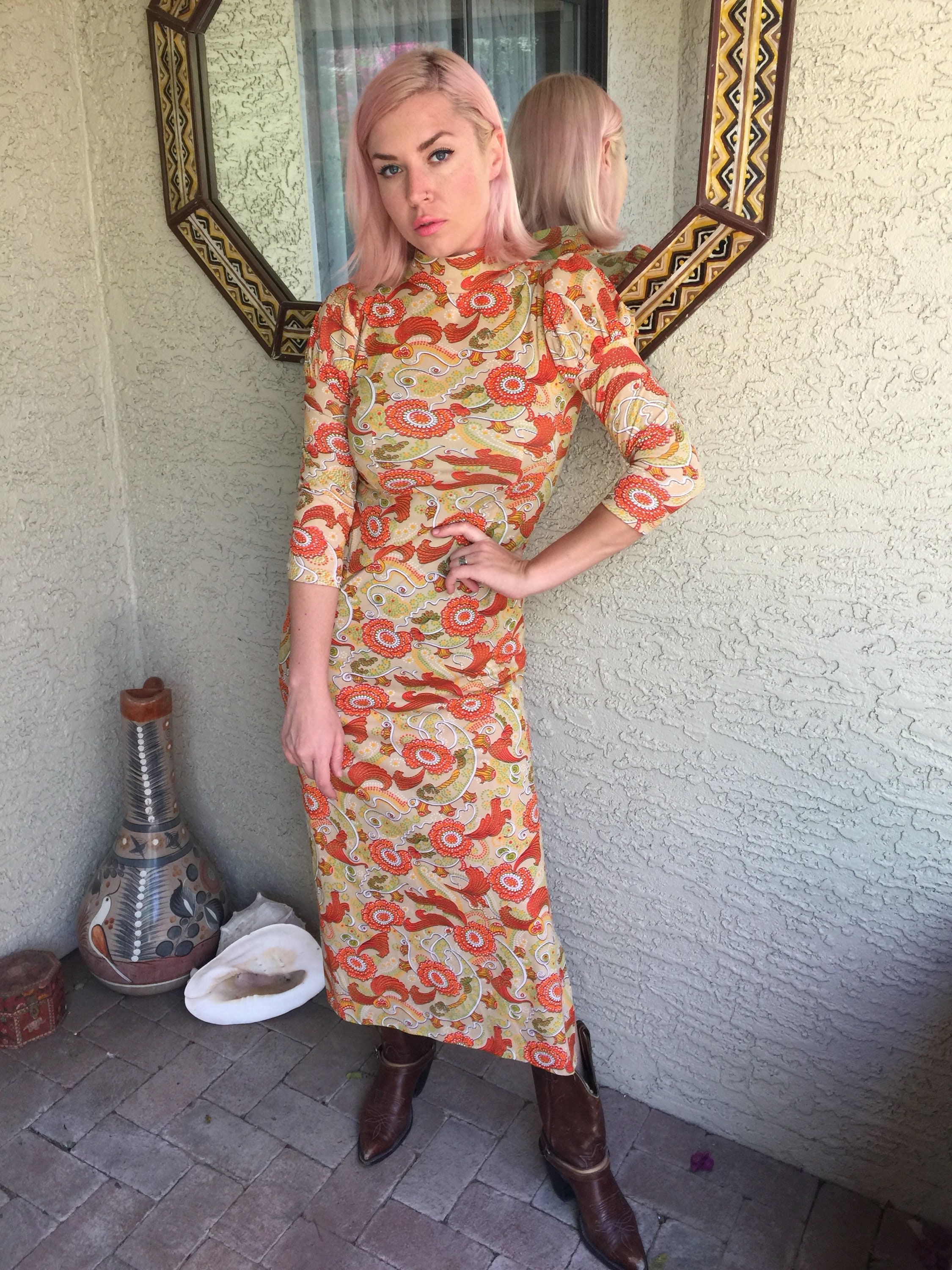 Vintage 1970's Floral Kaftan | Orange and Green | Slit Dress | High ...