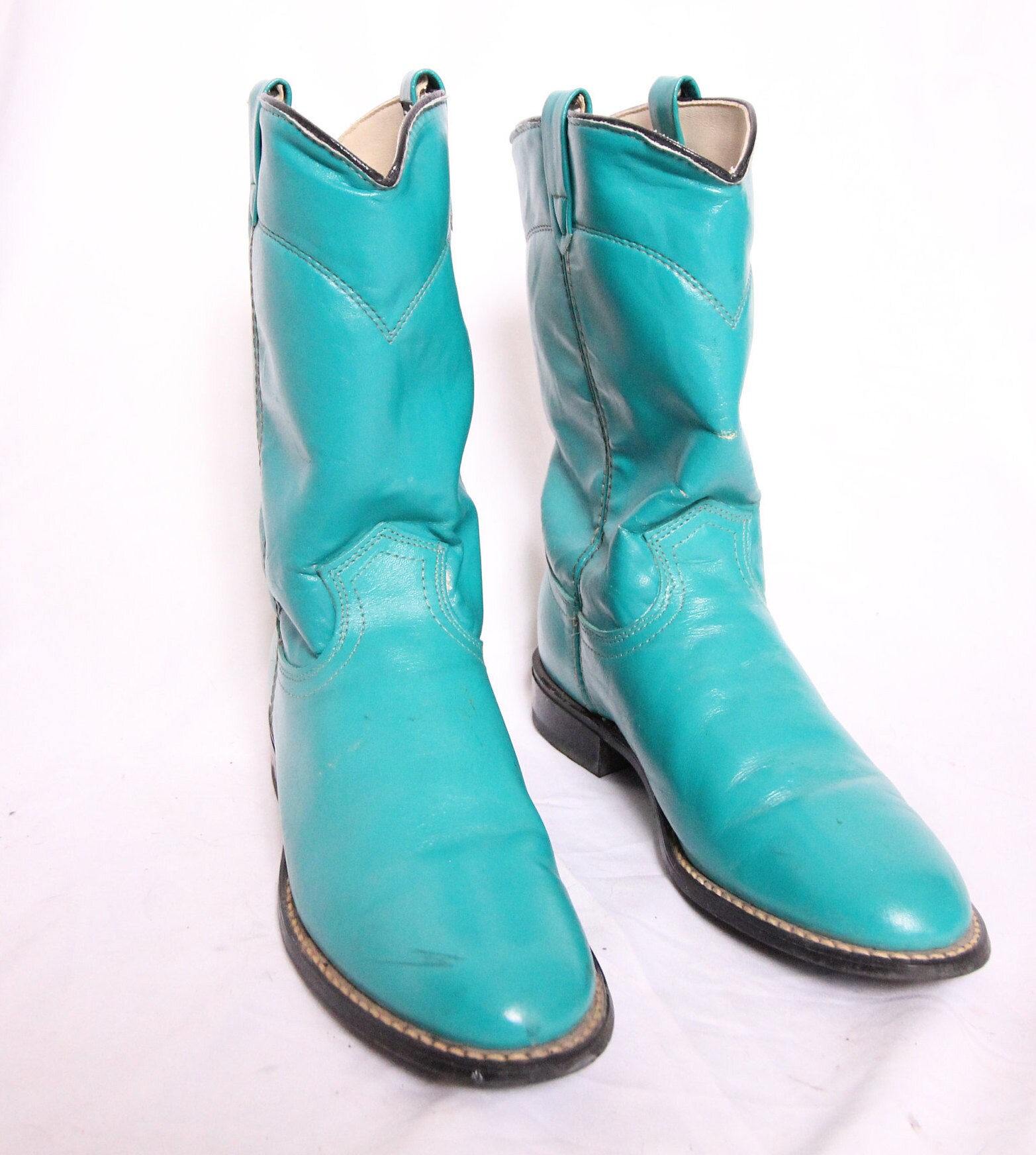 Vintage 'Acme' Teal Leather Round Toe Boots Western Rodeo Cowboy