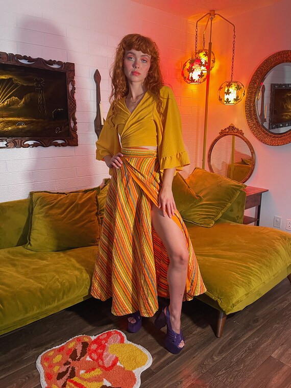Vintage 70's Deadstock Colorful Orange Striped Wrap Skirt