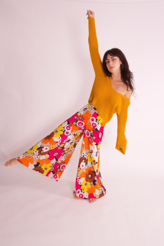 Vintage Boho High Waisted Fun Colorful Floral Wide Leg Pants