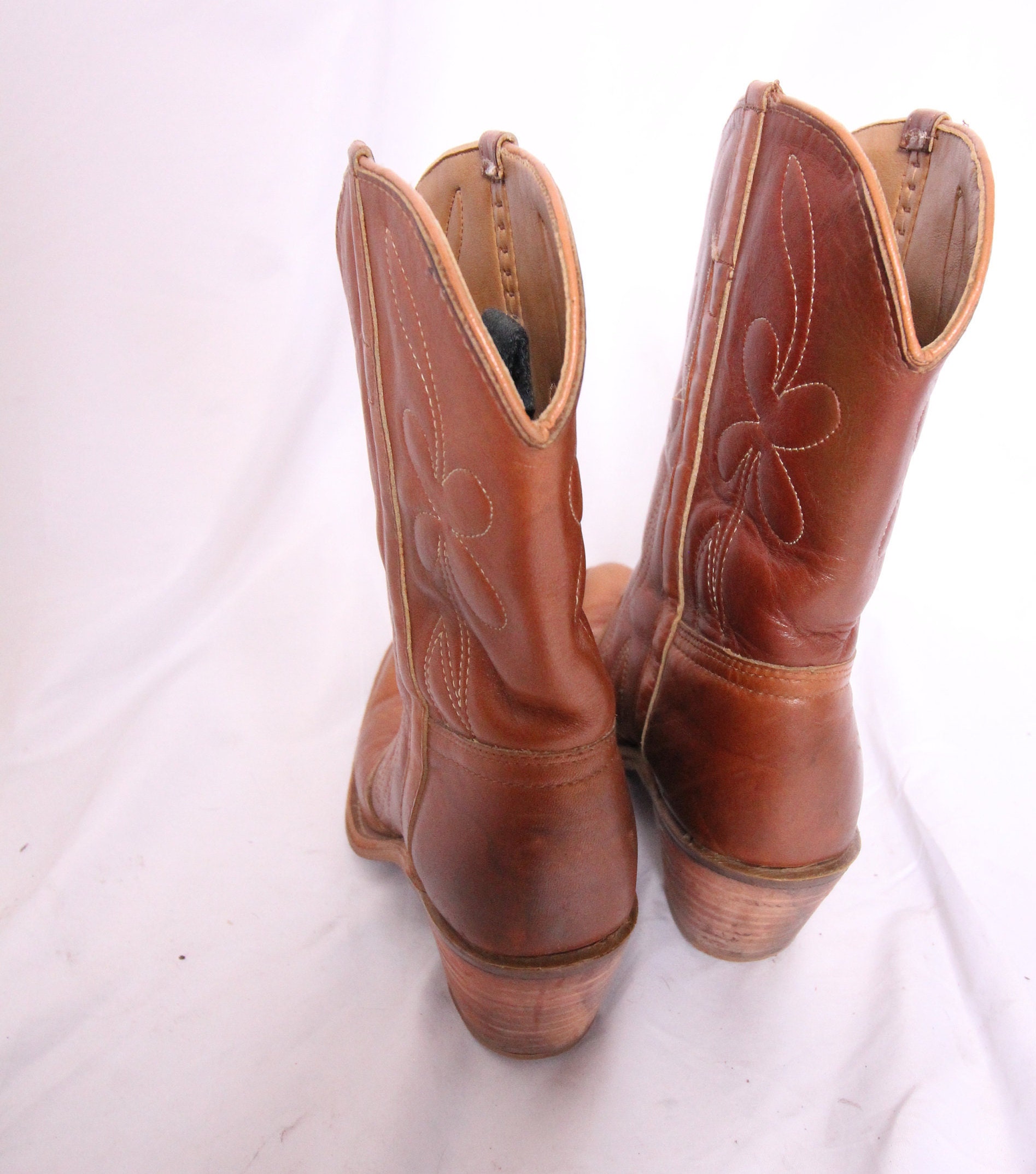 Vintage Brown Leather Heeled Cowboy Boot Western Boot Cuban Heel