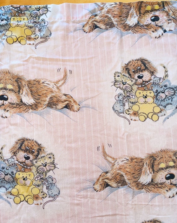 Vintage Pink Twin Bedsheet W/ Adorable Fluffy Puppies