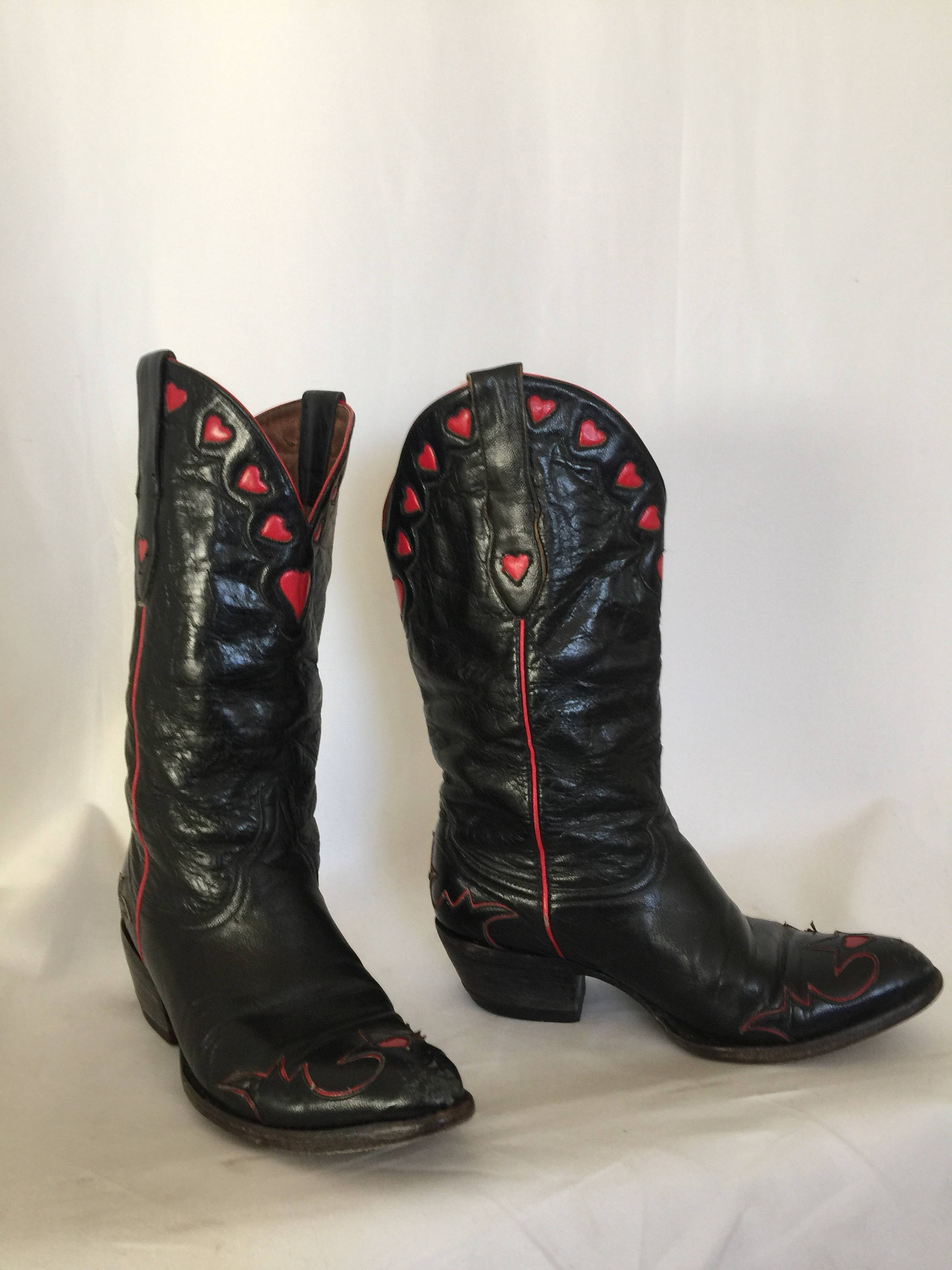 Vintage 'Old Gringo' Black Leather Red Heart Cowboy Boot Cuban Heel