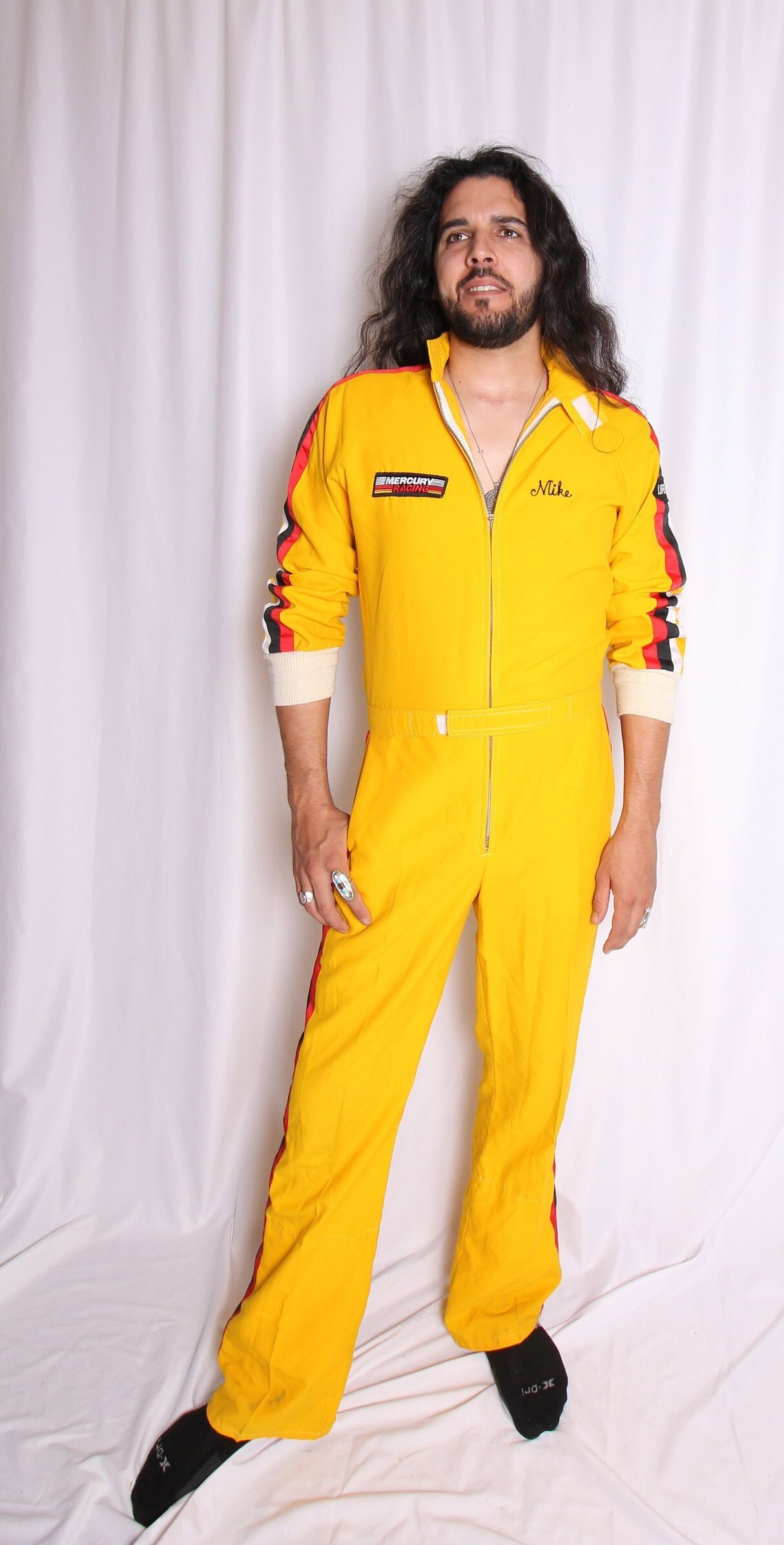Vintage Unisex 'Lifeline Agitator' Race Car Jumpsuit Embroidered Mike Yellow Striped One