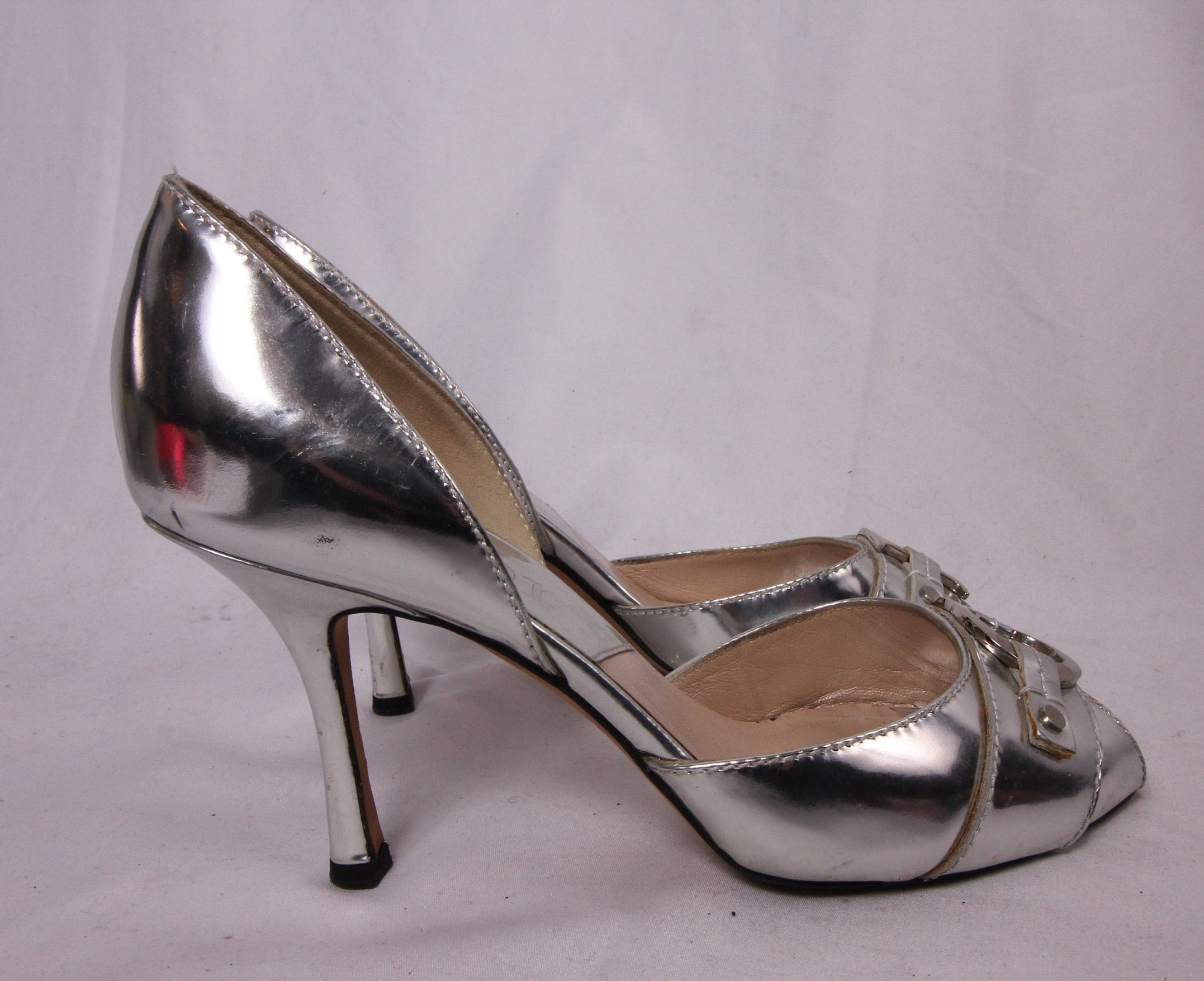 Vintage 90's 'Christian Dior' Silver Metallic Peep Toe Heels | Monogram ...