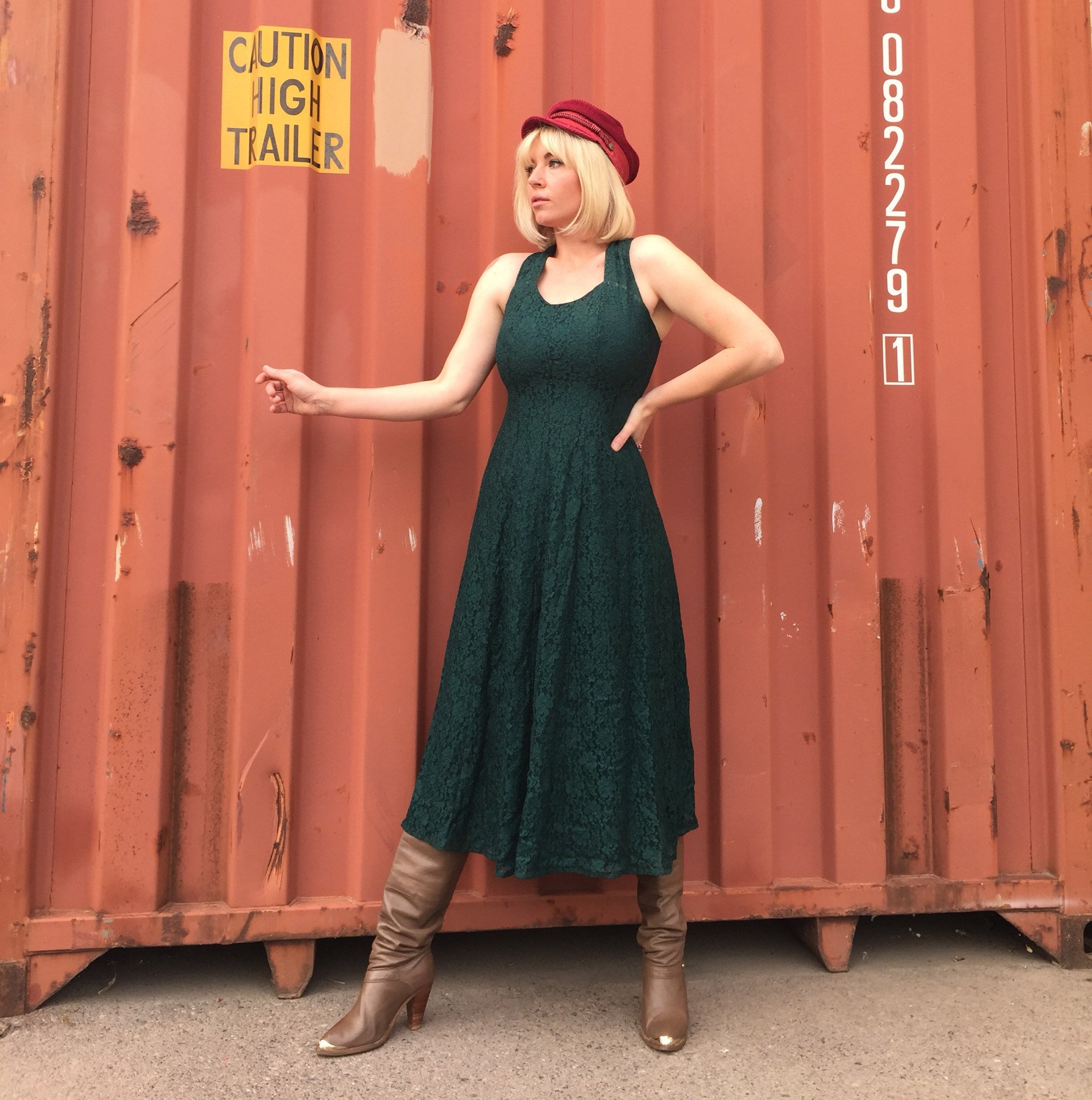 Vintage 'All That Jazz' Green Lace Backless Dress Criss Cross Straps