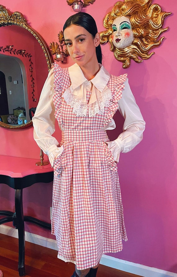 Vintage Pinafore Plaid Ruffled Apron Dress W/ Pockets