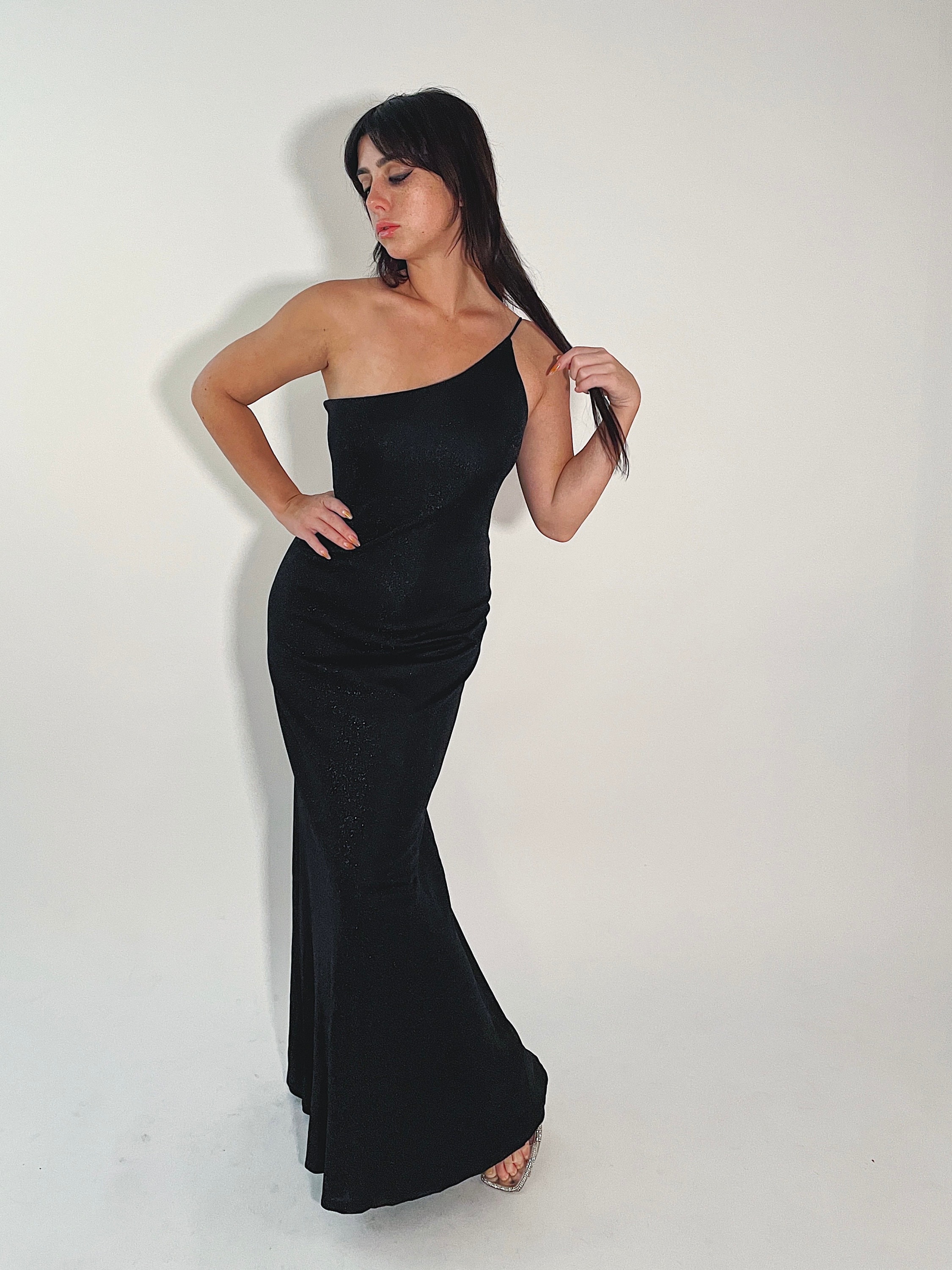 Vintage Y2K 'ARIANNA' by Rachel Kaye Sexy Formal Black One Shoulder Glitter  Dress