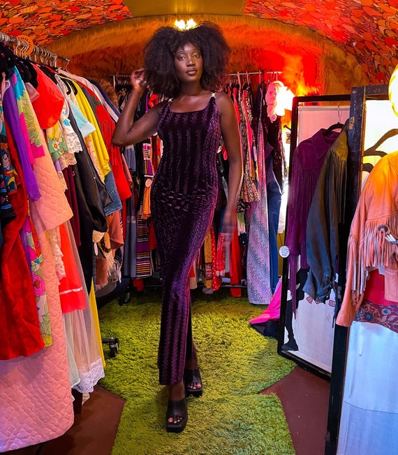 Vintage Y2K 'Bari-Jay' Trippy Deep Purple Velvet Sexy Dress