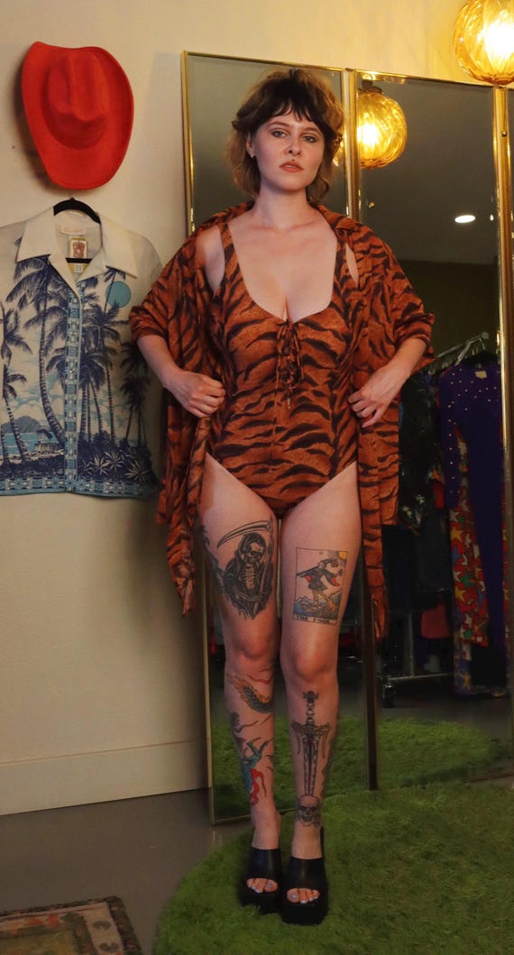 Vintage GOTTEX Tiger-Animal Print Sexy One Piece Swimsuit W/ Sheer Blouse Coverup