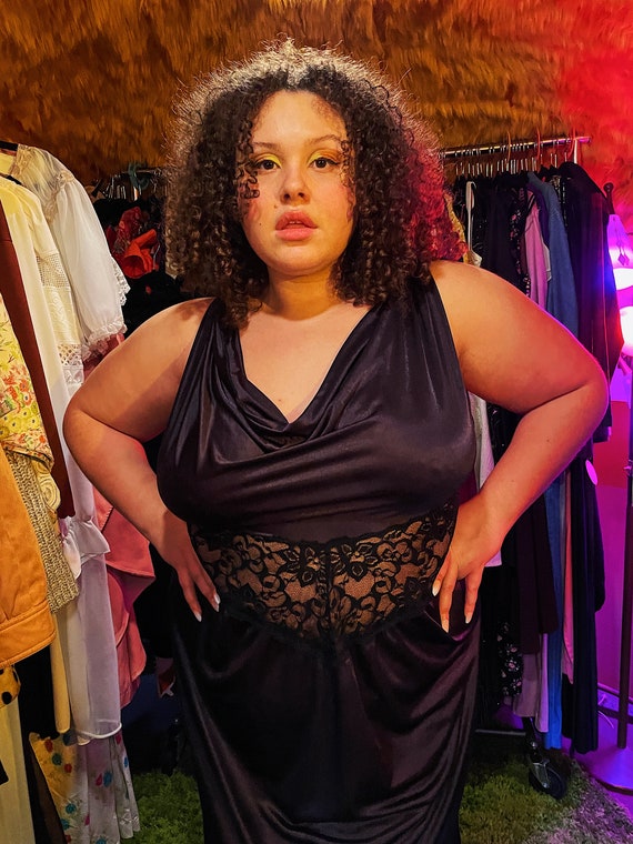 Vintage Sexy Plus Size Black Slip Dress With Black Lace