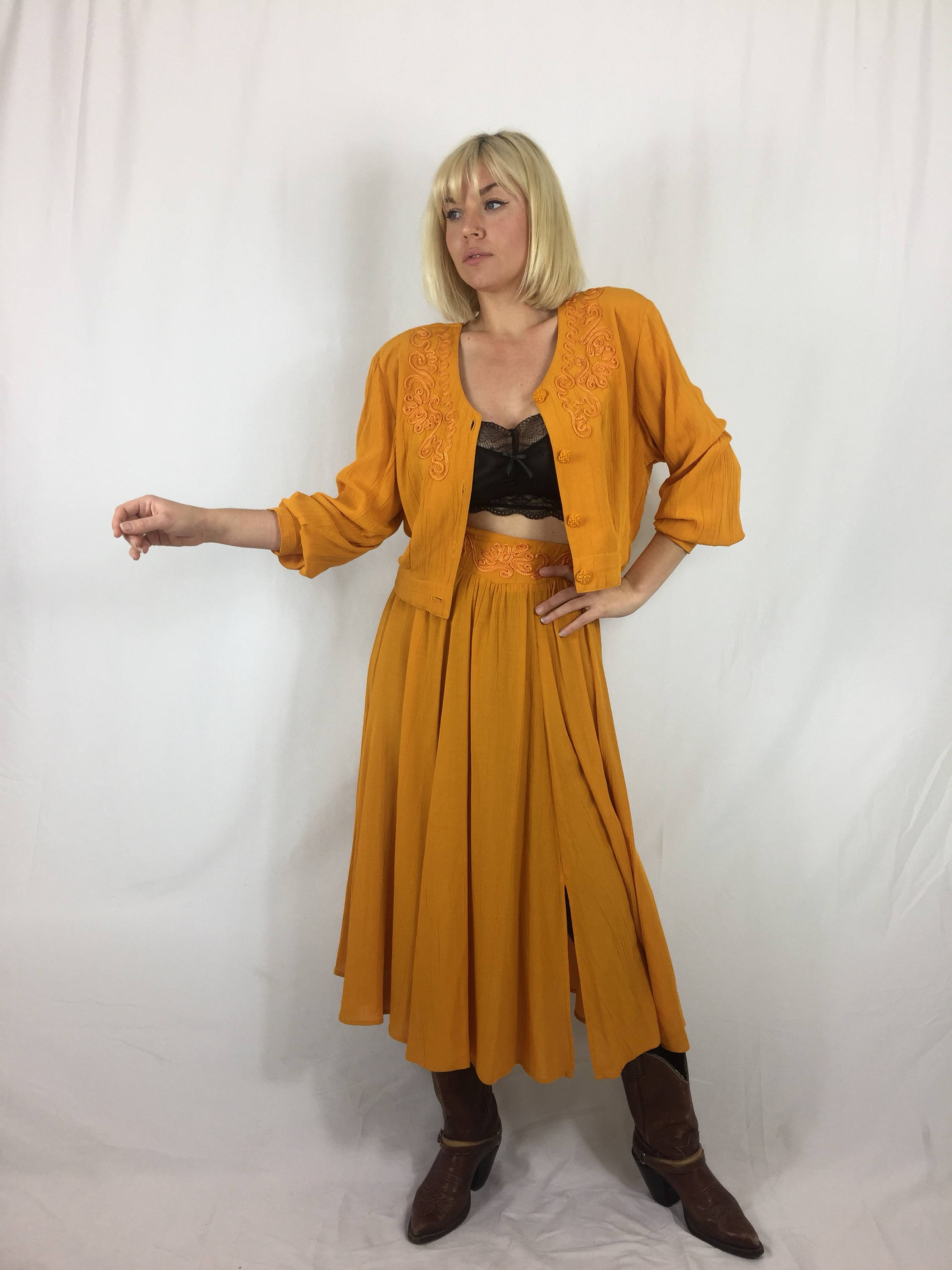 Vintage Carole Little Golden Yellow Skirt Set Crop Jacket Mustard Yellow Festival Boho Gypsy