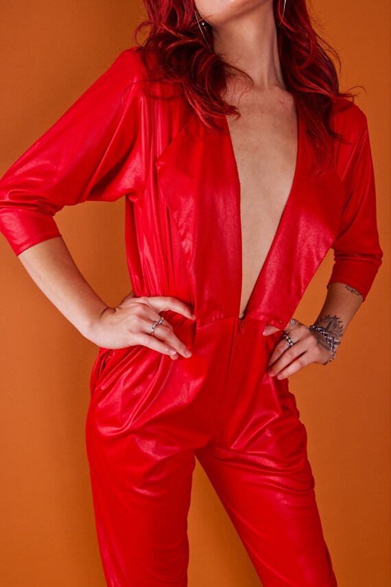 Vintage 'Kings Row' Sexy Plunging Pleather Red Hot Sexy Jumpsuit