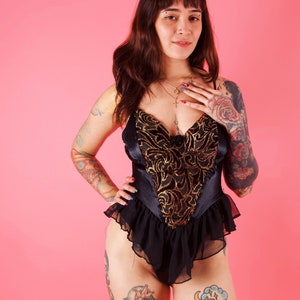 Vintage Sexy 90&#39;s Black Satin and Gold Lamé Flirty Bodysuit Lingerie