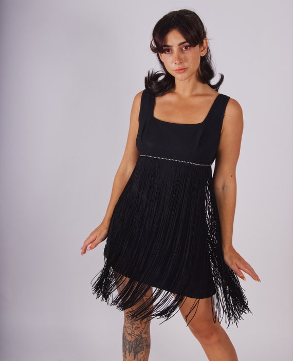 Vintage 60's Sexy Fringe and Rhinestone Mini Black Go Go Dress