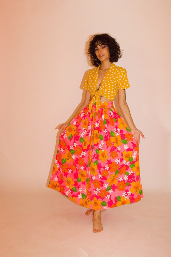 Vintage 1960's High Waisted Hot Pink Floral Barbie Beach Party Skirt