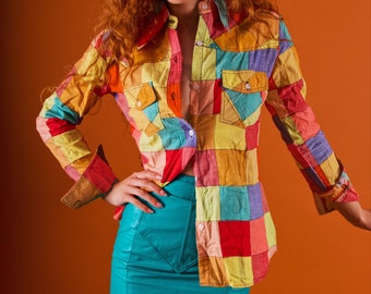 Vintage 1970's Deadstock Wingtip Colorful Patchwork Button Up Blouse Sz Small