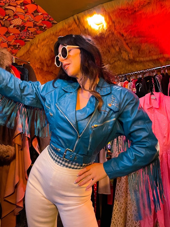 Vintage 'CHIA' Crop Turquoise Blue Sexy Mega Fringe Cowgirl Biker Jacket