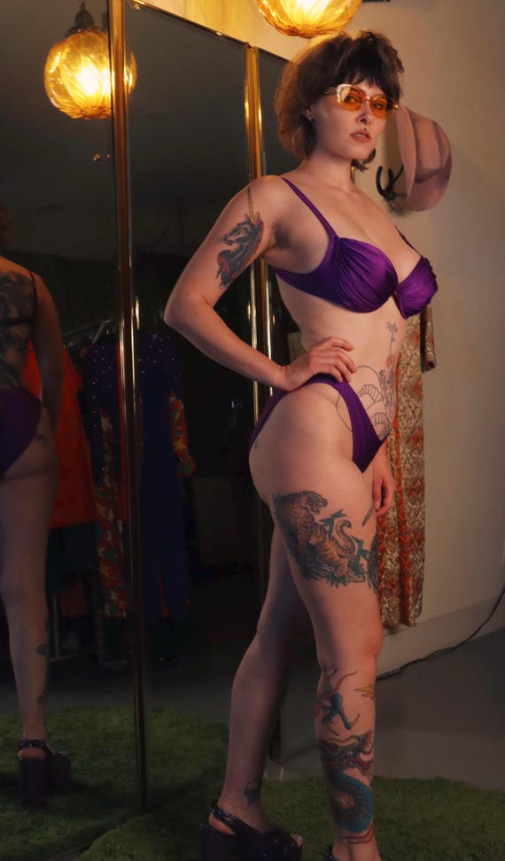 Vintage Sexy Purple Bikini Swimsuit Bra Top High Cut Thigh