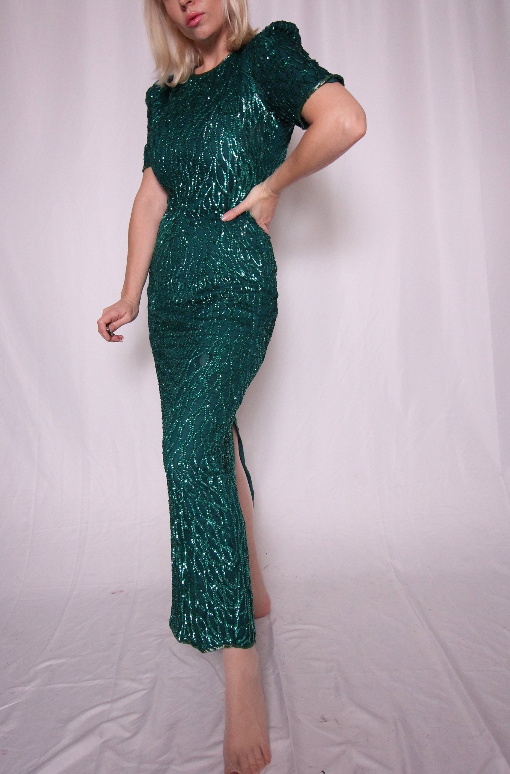 Vintage 'Lawrence Kazar' Emerald Green Sequin Dress | Performer | Shiny ...