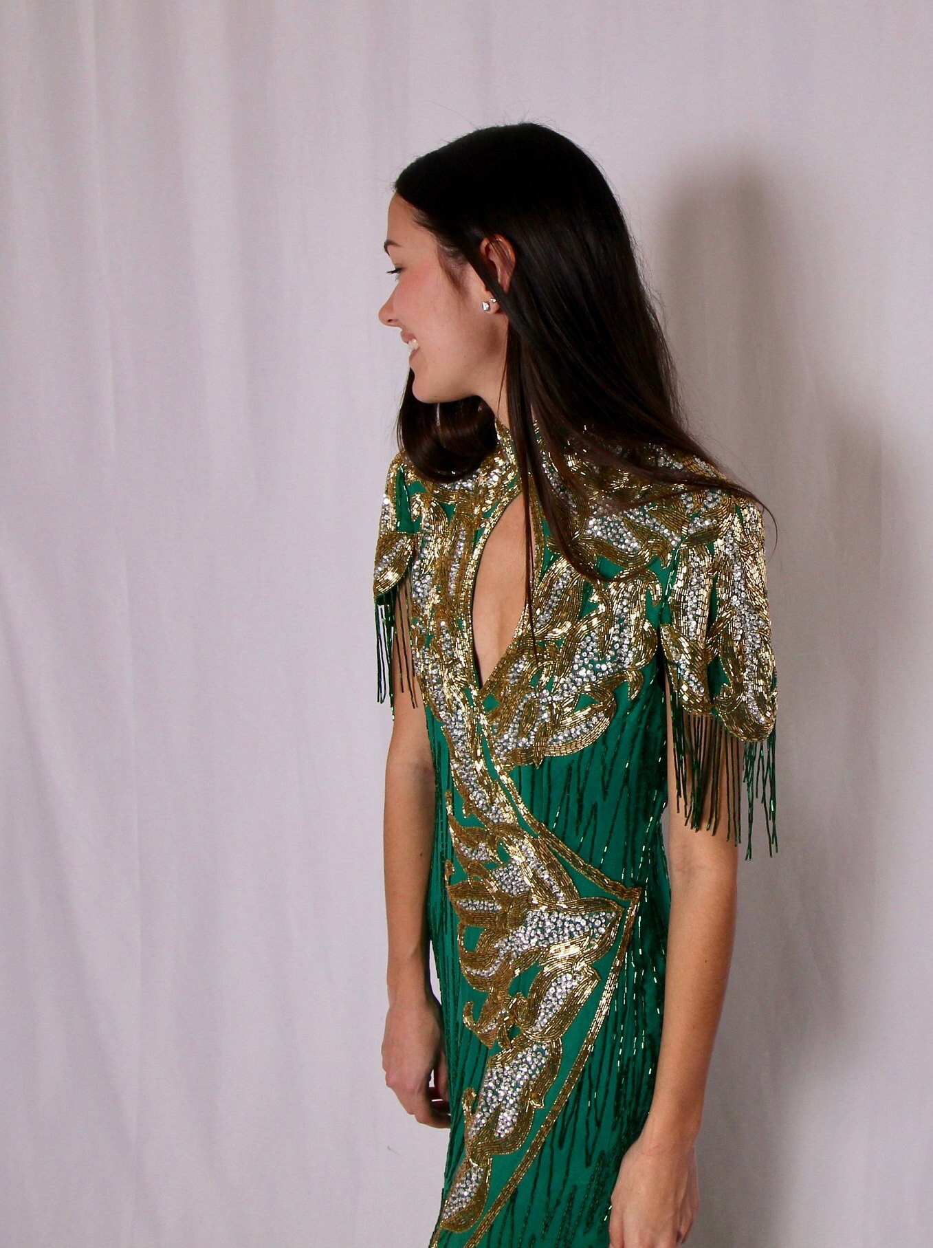 Vintage Green Silk and Gold Beaded Art Deco Dress Formal Chandelier