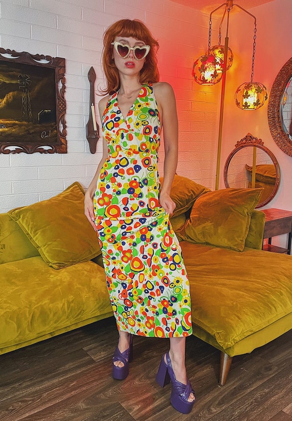Vintage 1960's Funky and Trippy Burnt Orange and Avocado Green Floral Dress